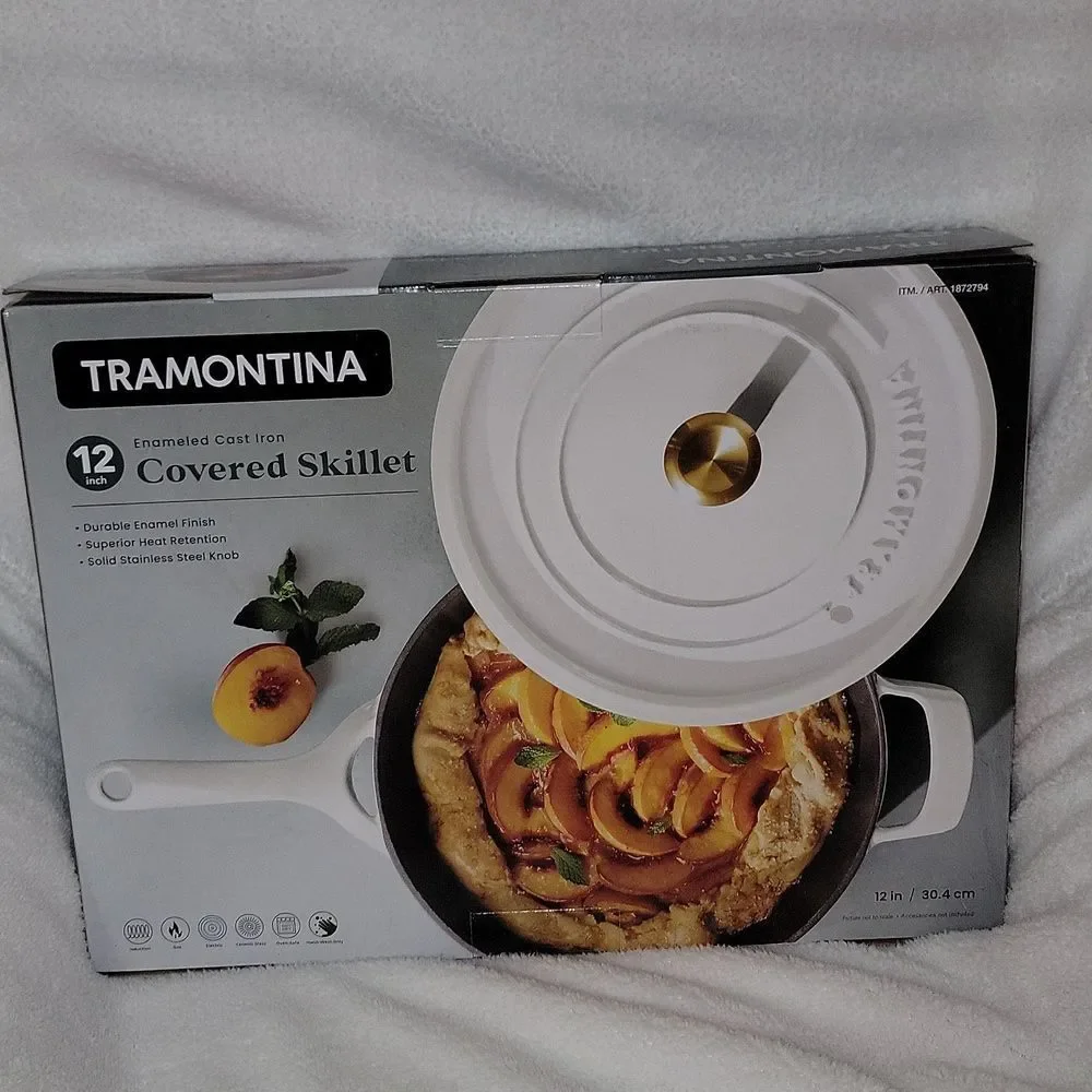 Tramontina 12 Inch Enameled Cast Iron Skillet & Covered Lid • White / Gold • New